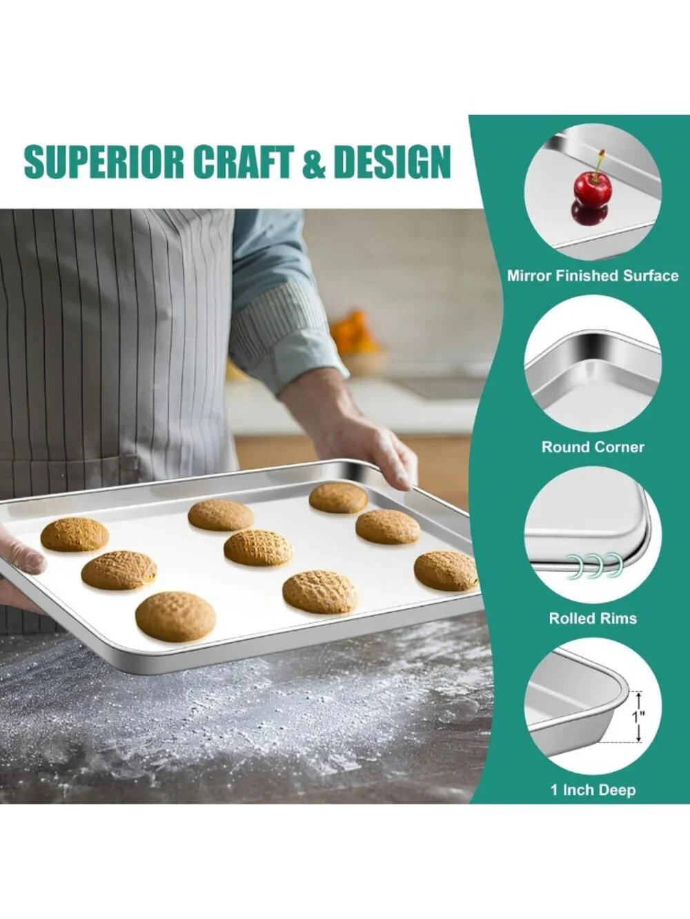 Stainless Steel Baking Sheet Set of 3 - Non-Toxic Cookie Sheets, Oven Trays